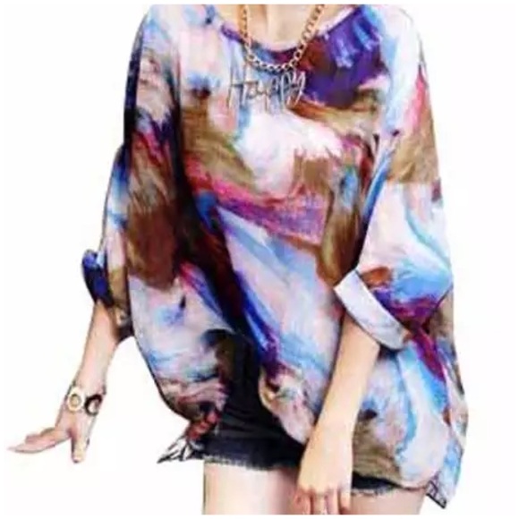 Sheer Chiffon Multicolored Batwing Sleeve Top. - Picture 5 of 5